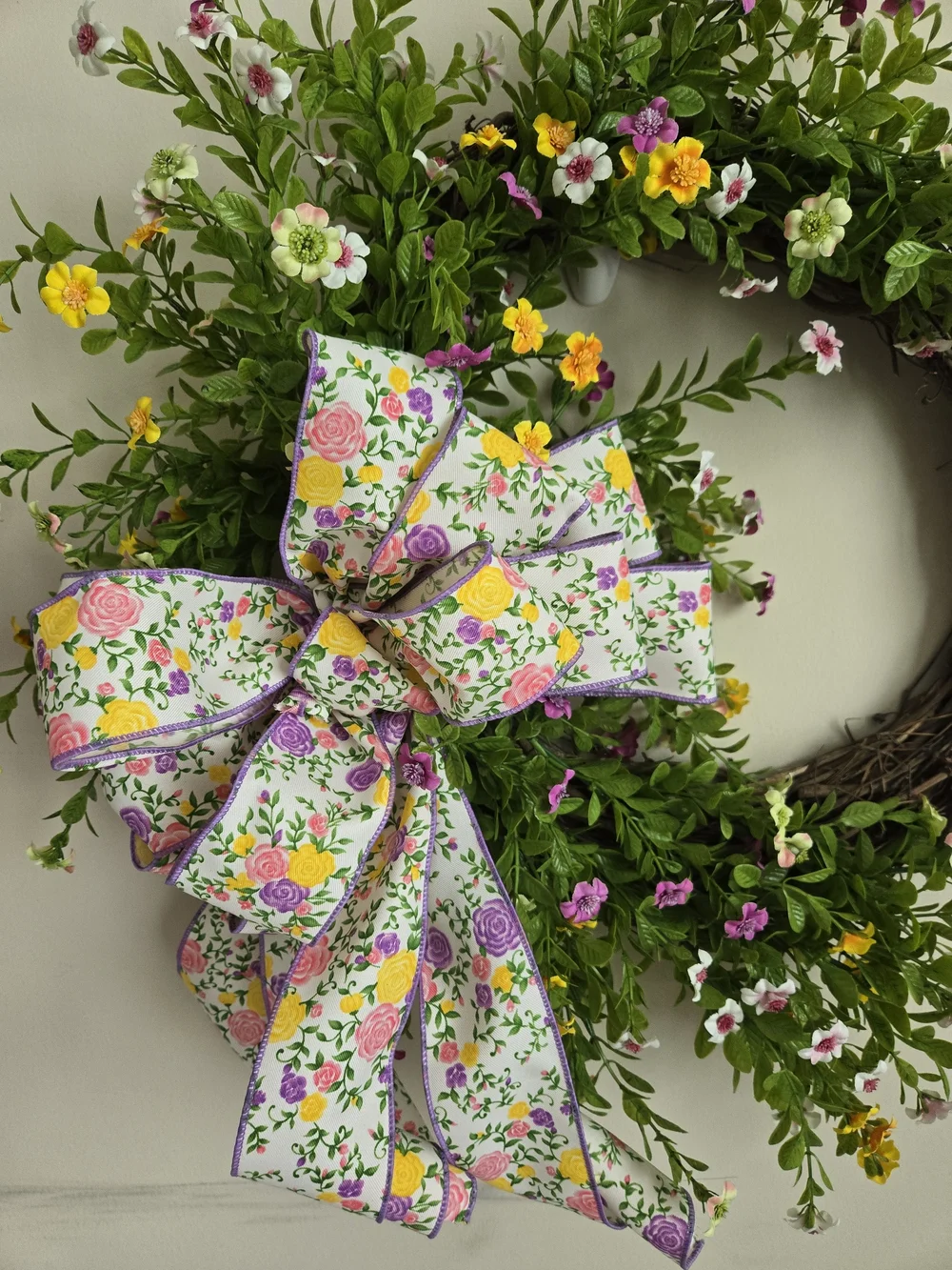 Spring Floral Grapevine Wreath with Pink, Yellow & Purple Ribbon